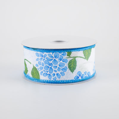 1.5" Linen Hydrangeas Ribbon: Blue on White (10 Yards)