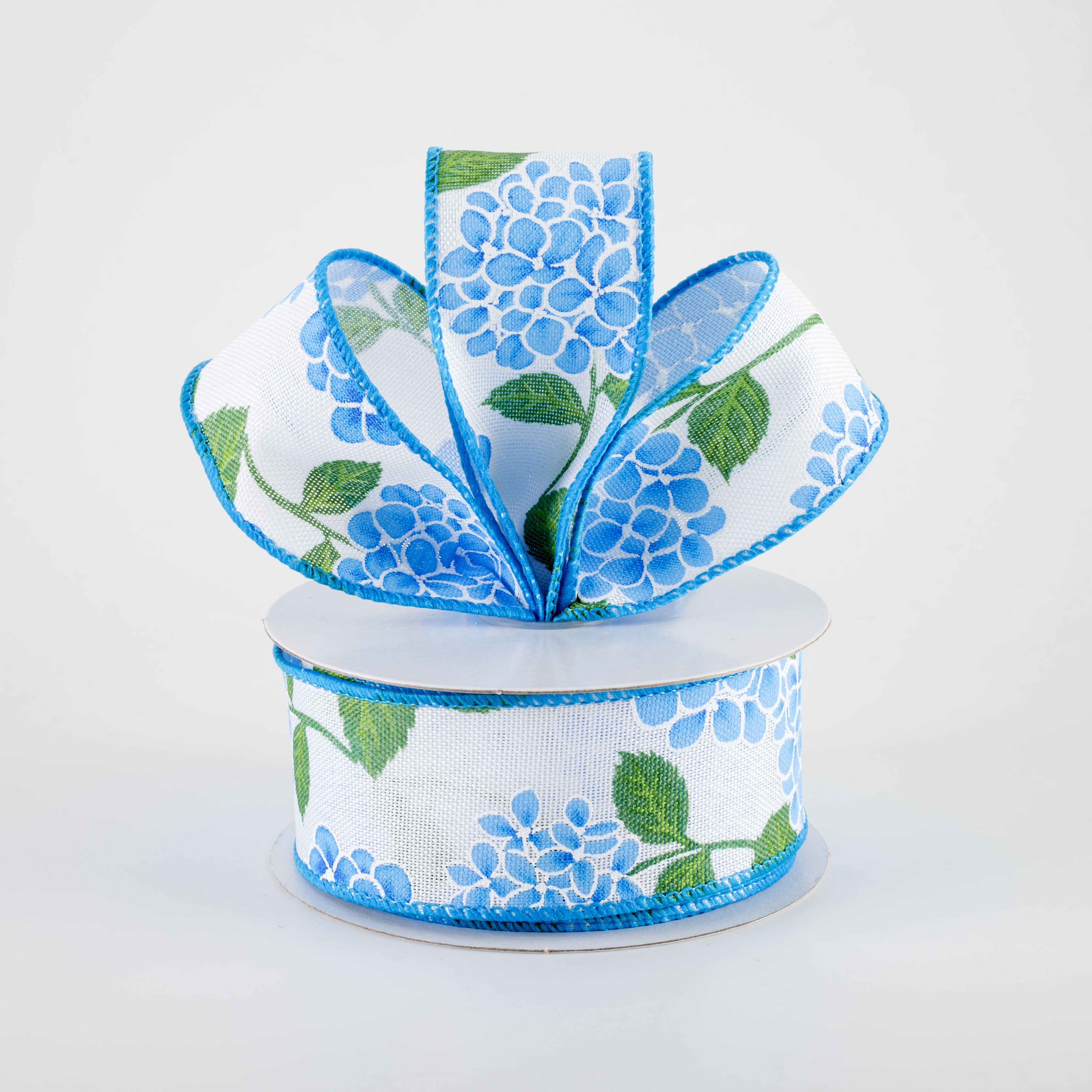 1.5" Linen Hydrangeas Ribbon: Blue on White (10 Yards)