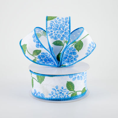1.5" Linen Hydrangeas Ribbon: Blue on White (10 Yards)