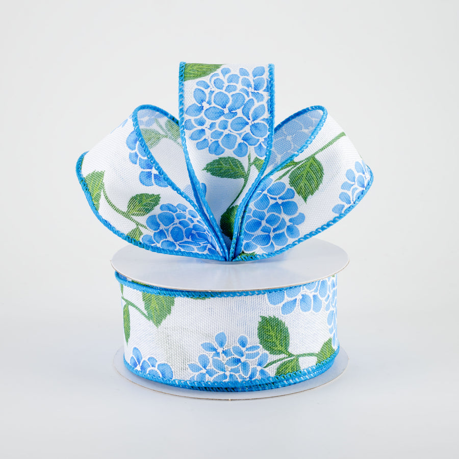 1.5" Linen Hydrangeas Ribbon: Blue on White (10 Yards)