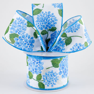 2.5" Linen Hydrangeas Ribbon: Blue on White (10 Yards)