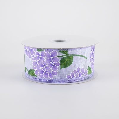 1.5" Linen Hydrangeas Ribbon: Purple on Lavender (10 Yards)