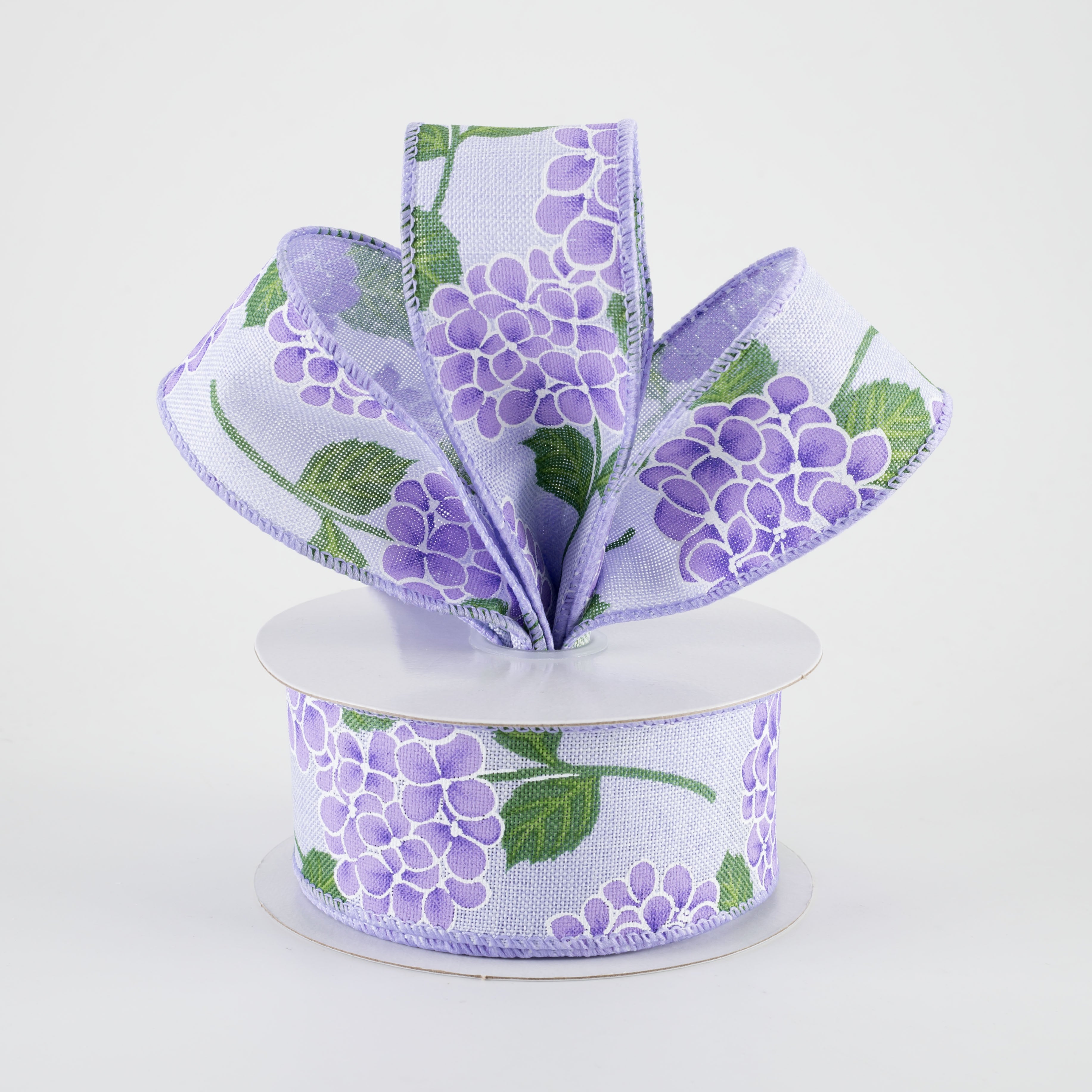 1.5" Linen Hydrangeas Ribbon: Purple on Lavender (10 Yards)