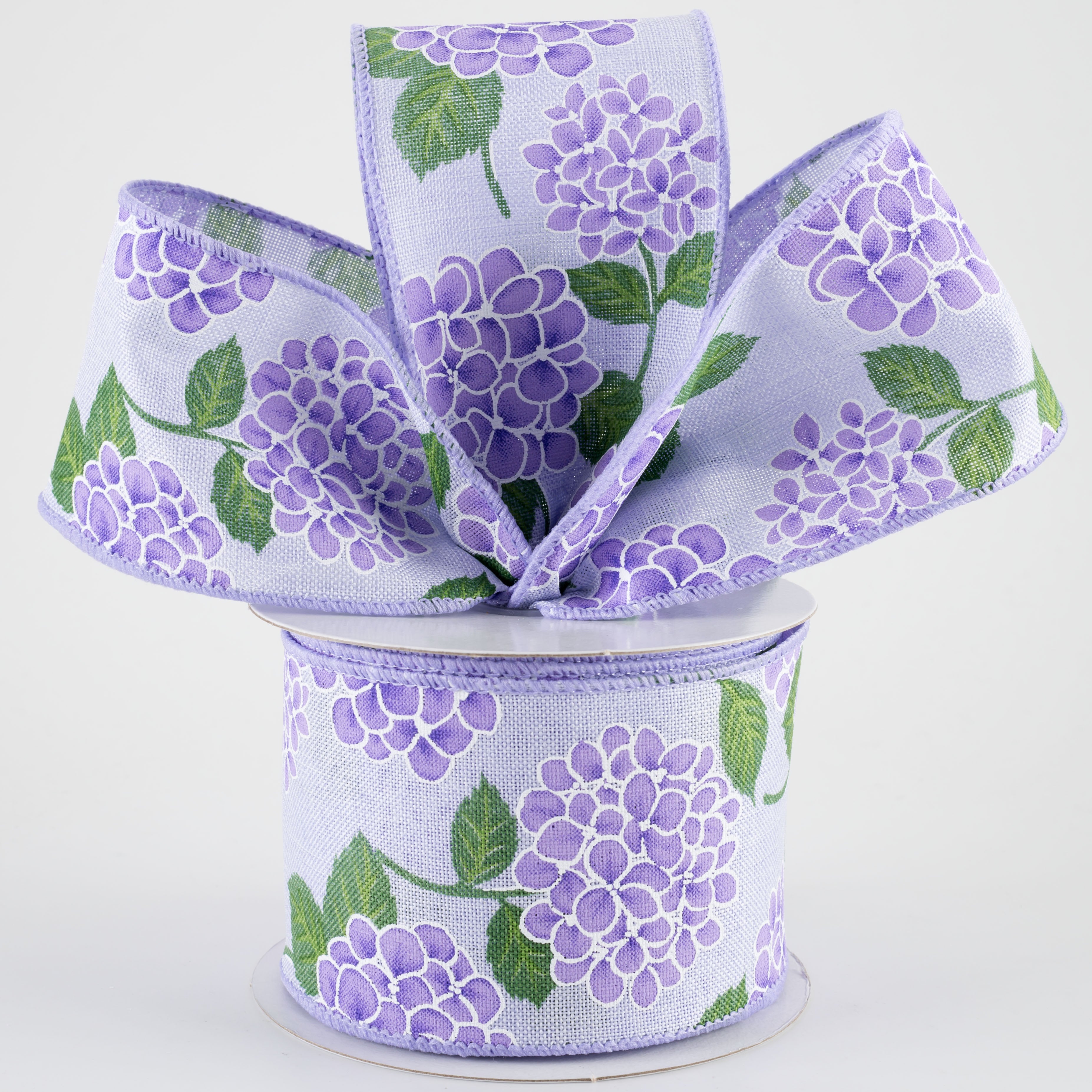 2.5" Linen Hydrangeas Ribbon: Purple on Lavender (10 Yards)
