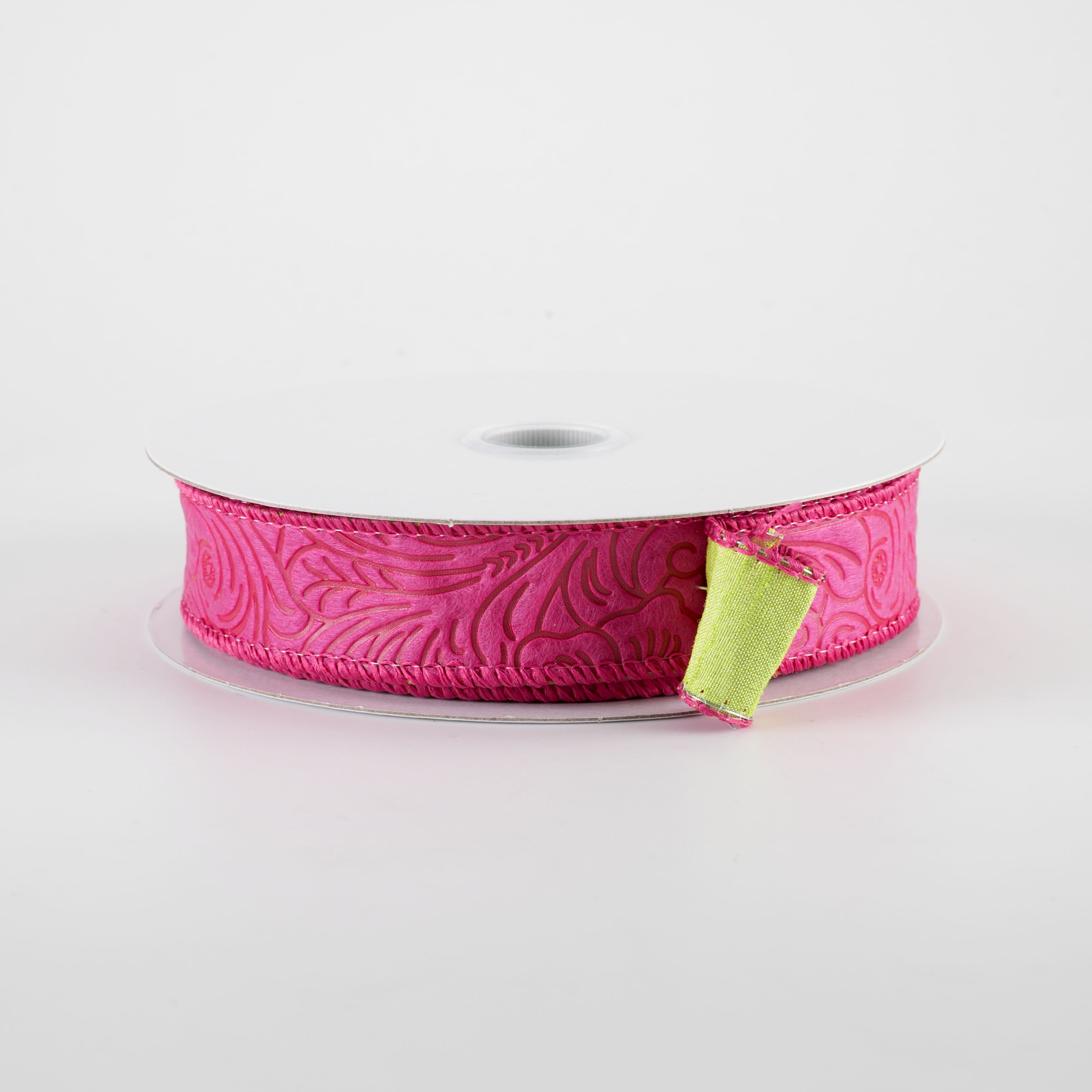 7/8" Double Sided Flower Breeze & Dupioni Ribbon: Fuchsia & Green (10 Yards)