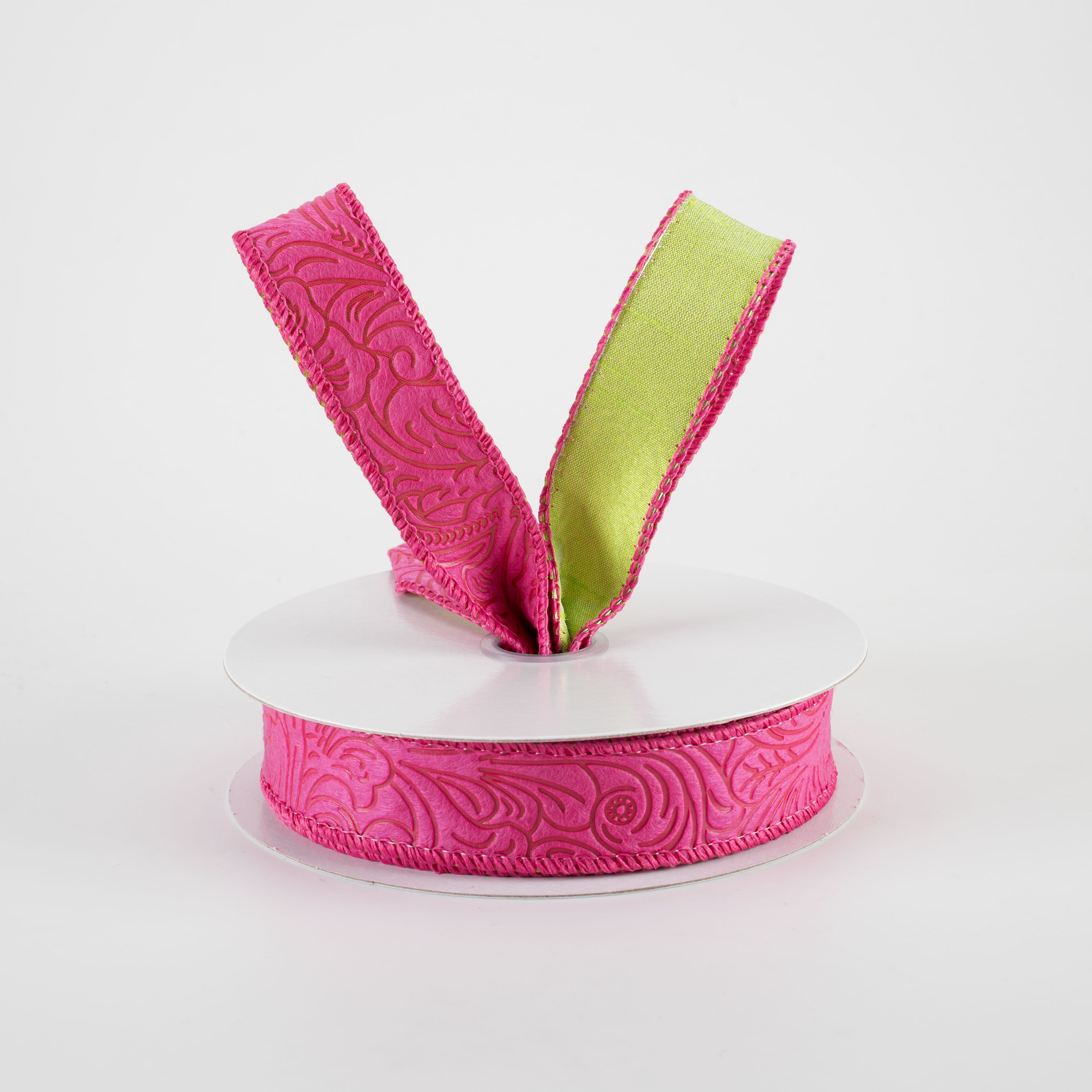 7/8" Double Sided Flower Breeze & Dupioni Ribbon: Fuchsia & Green (10 Yards)