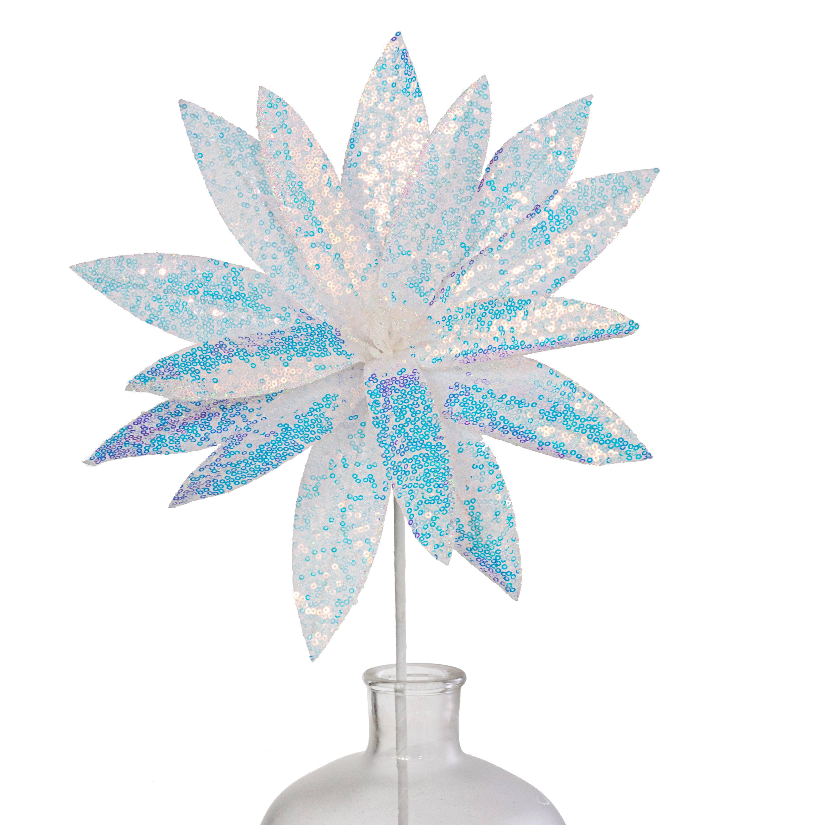 13" Sequin Fabric Flower Stem: Iridescent White