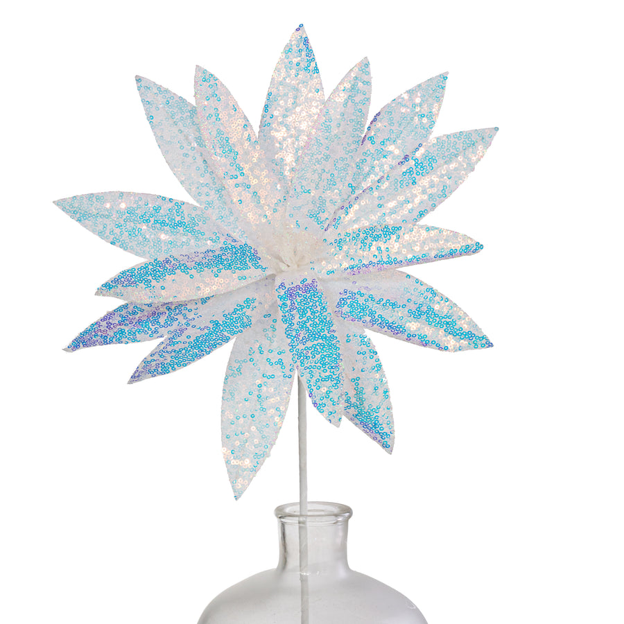 13" Sequin Fabric Flower Stem: Iridescent White
