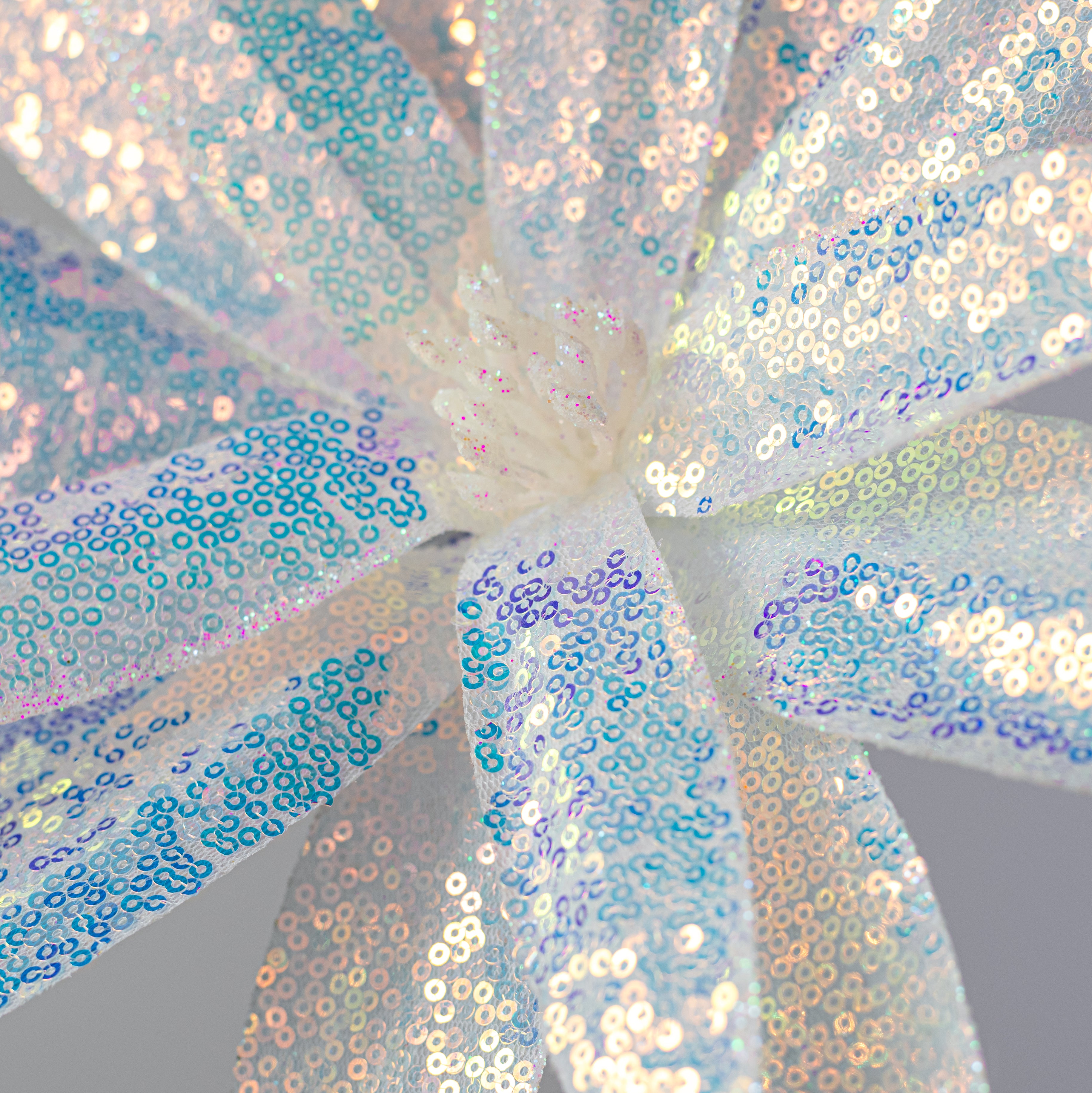13" Sequin Fabric Flower Stem: Iridescent White