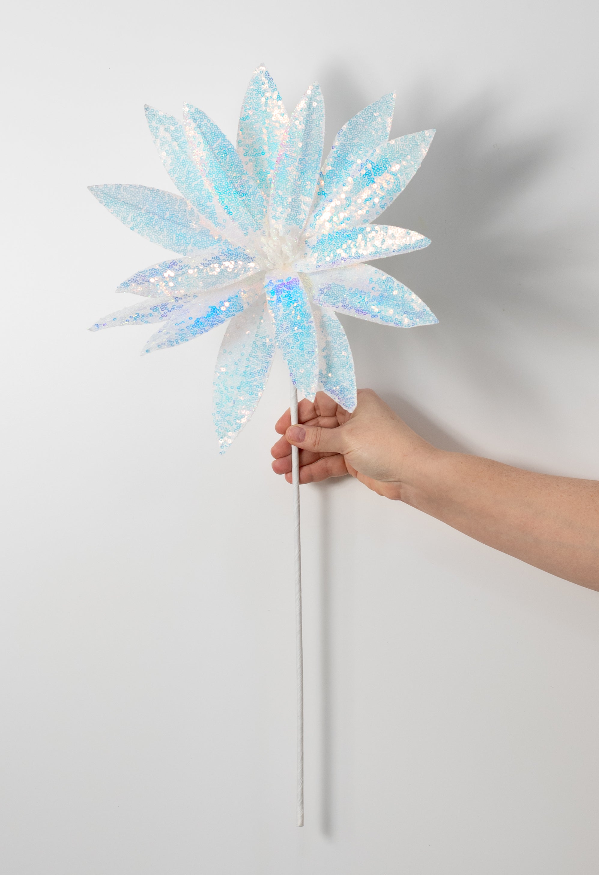 13" Sequin Fabric Flower Stem: Iridescent White