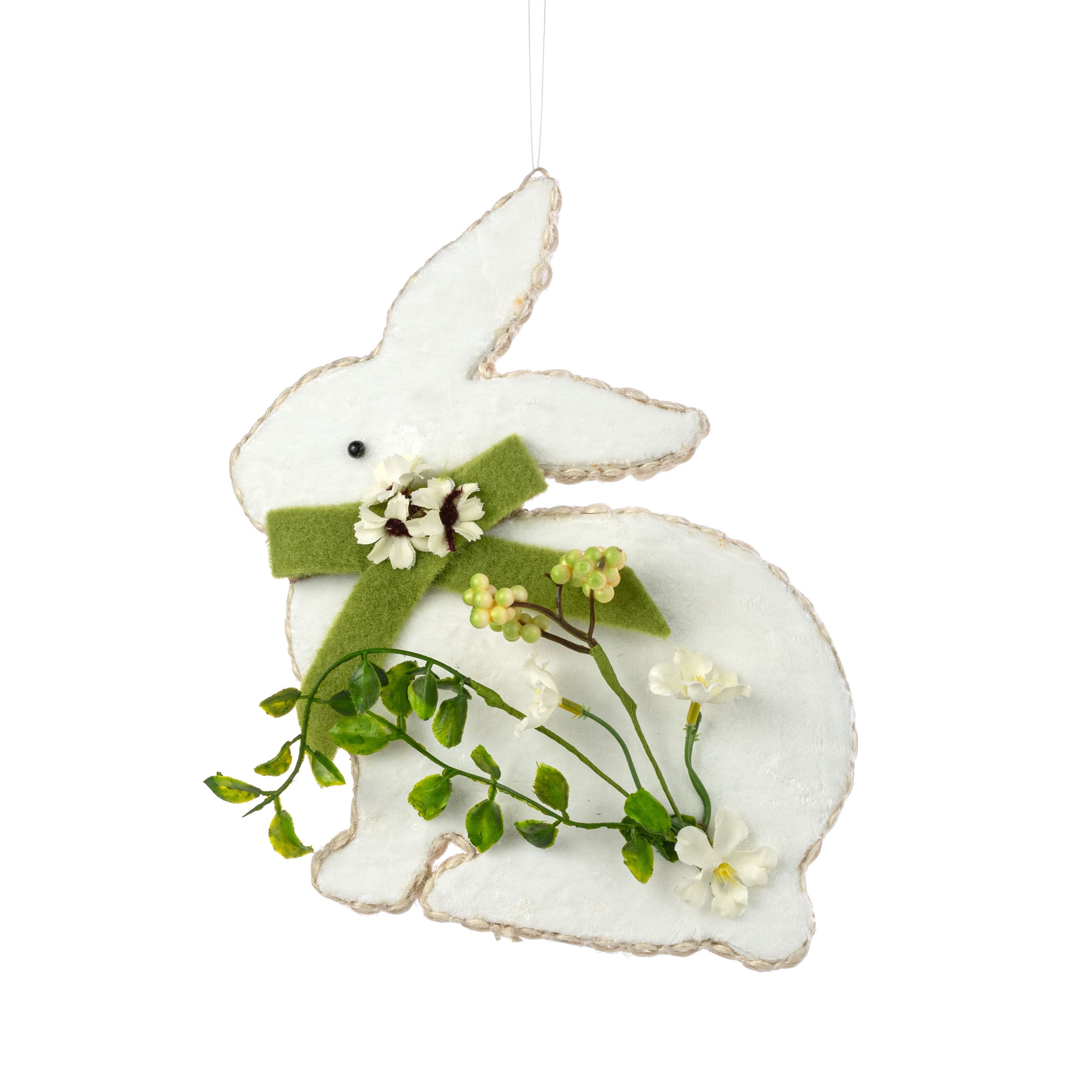 10" White Bunny with Moss Felt Bow Ornament