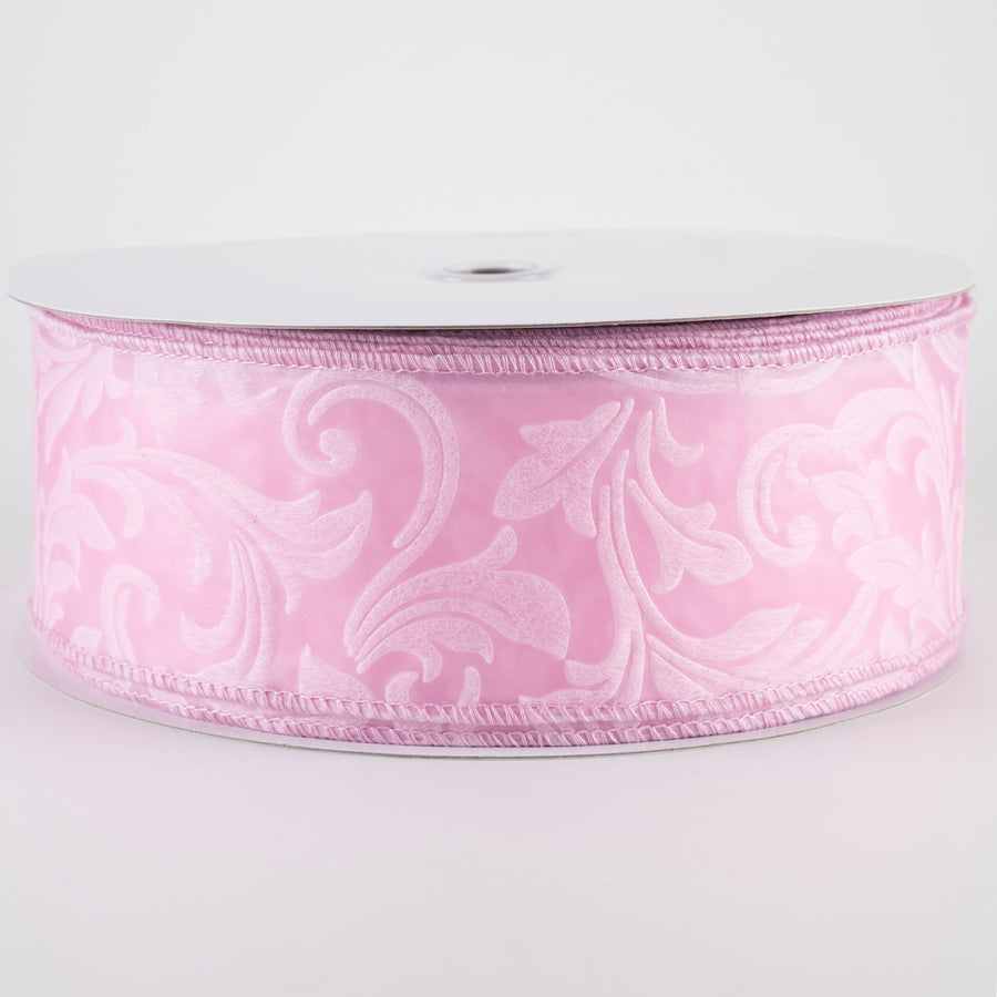 2.5" Embossed Leaf Filagree Breeze Ribbon: Light Pink (50 Yards)