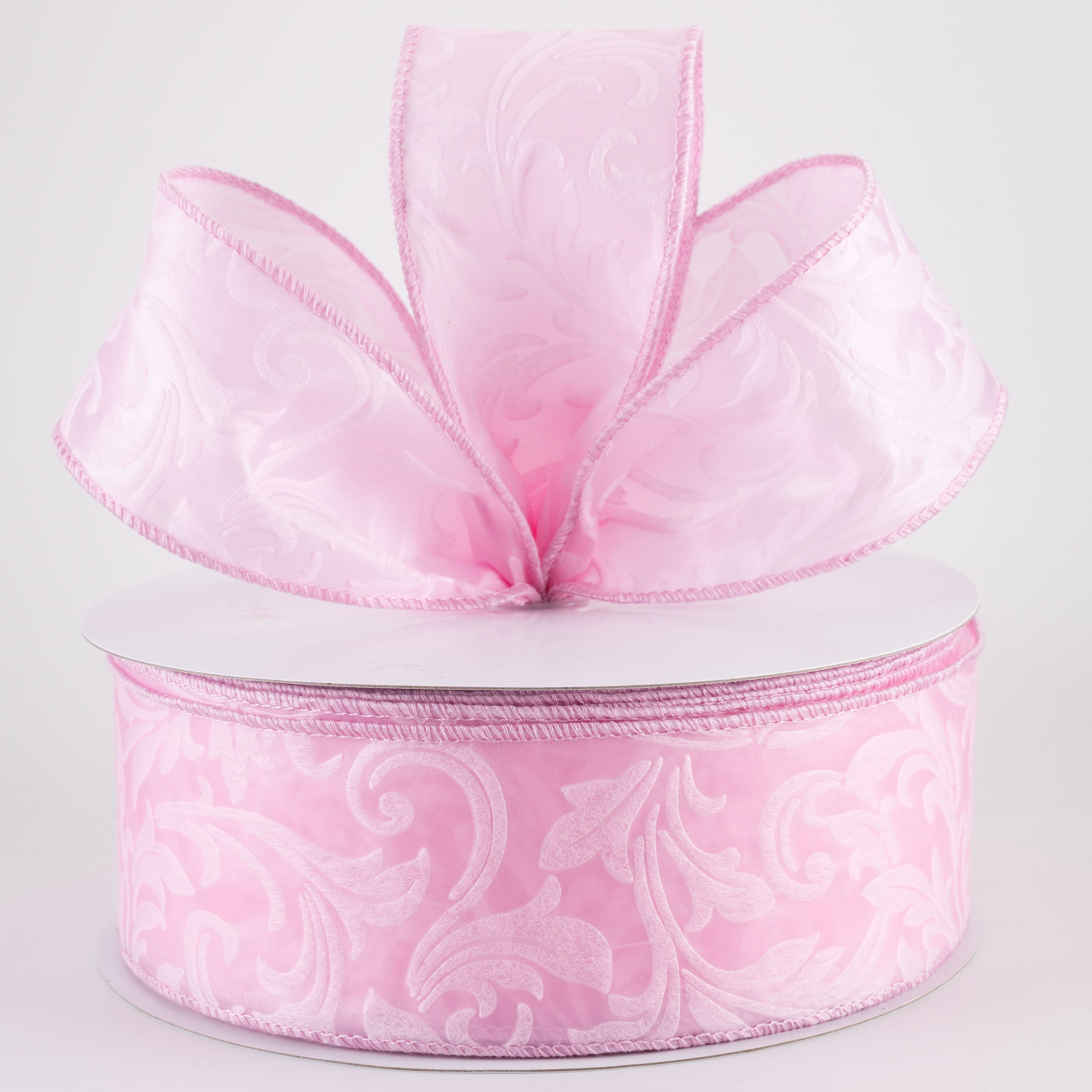 2.5" Embossed Leaf Filagree Breeze Ribbon: Light Pink (50 Yards)