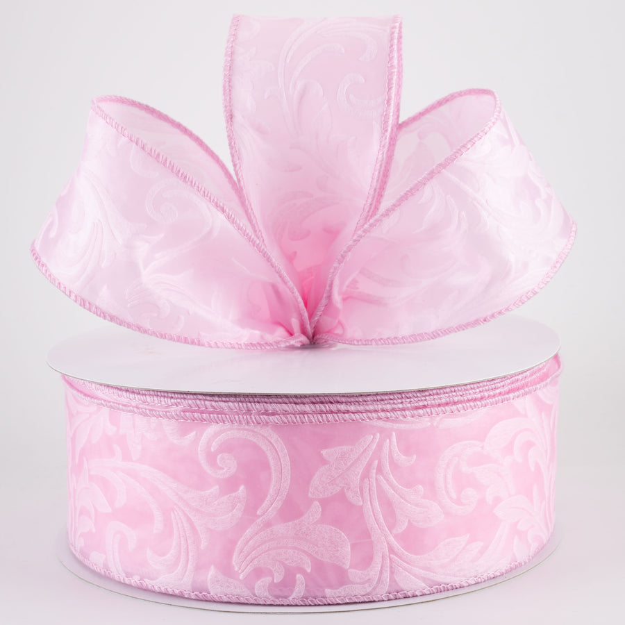 2.5" Embossed Leaf Filagree Breeze Ribbon: Light Pink (50 Yards)