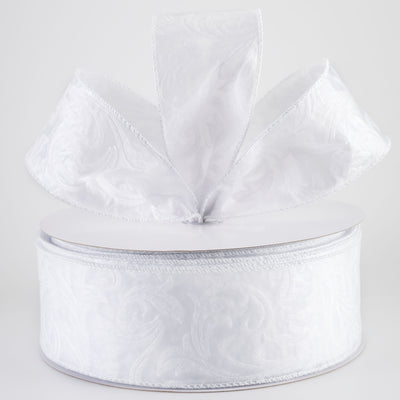 2.5" Embossed Leaf Filagree Breeze Ribbon: White (50 Yards)