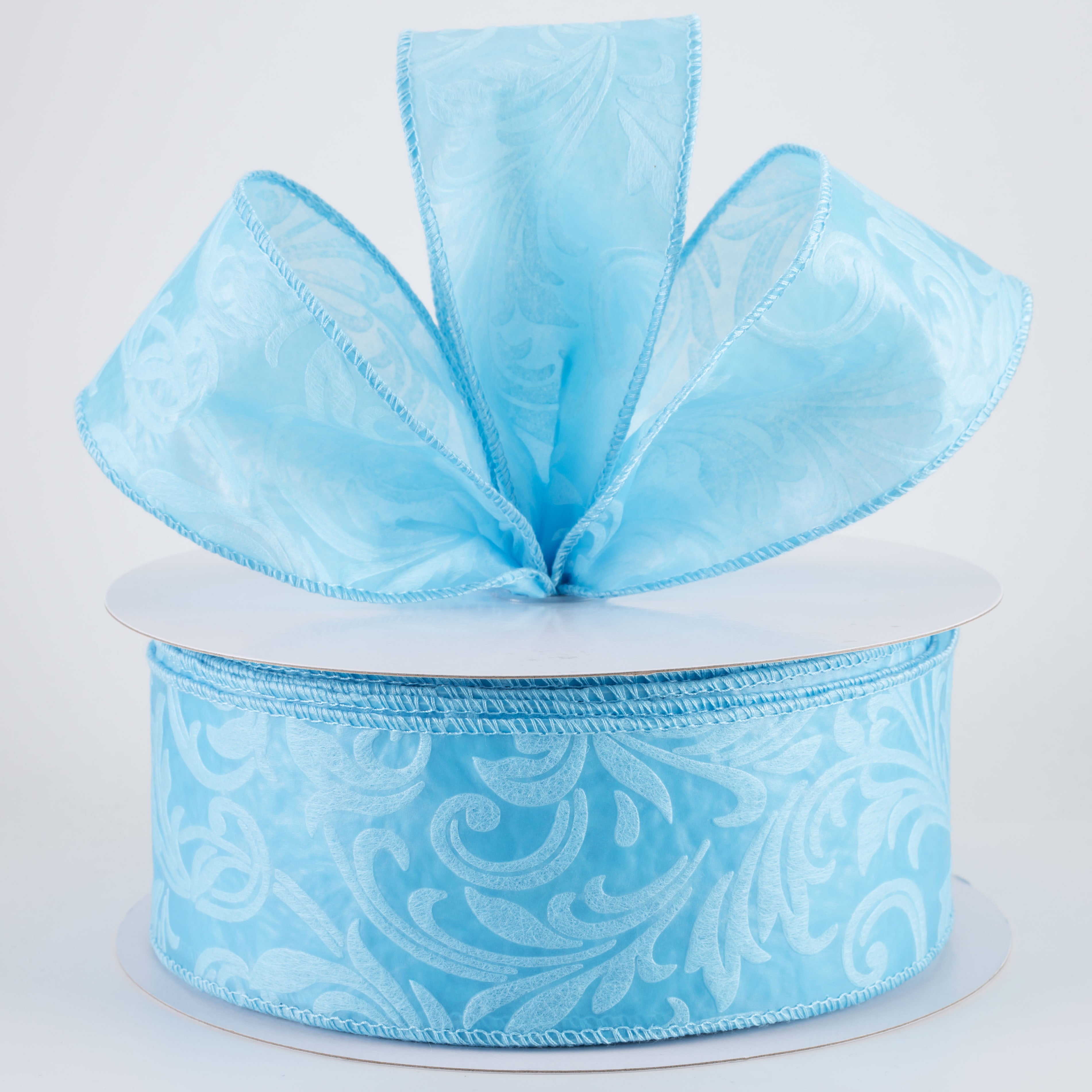 2.5" Embossed Leaf Filagree Breeze Ribbon: Light Blue (50 Yards)