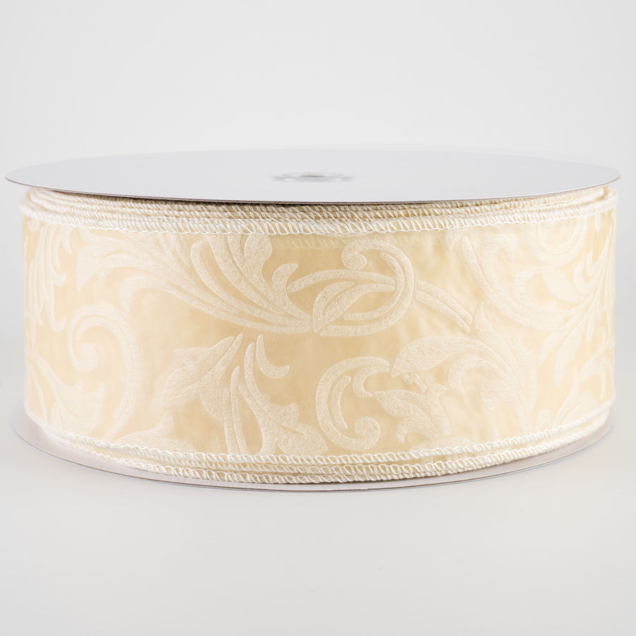 2.5" Embossed Leaf Filagree Breeze Ribbon: Ivory Cream (50 Yards)