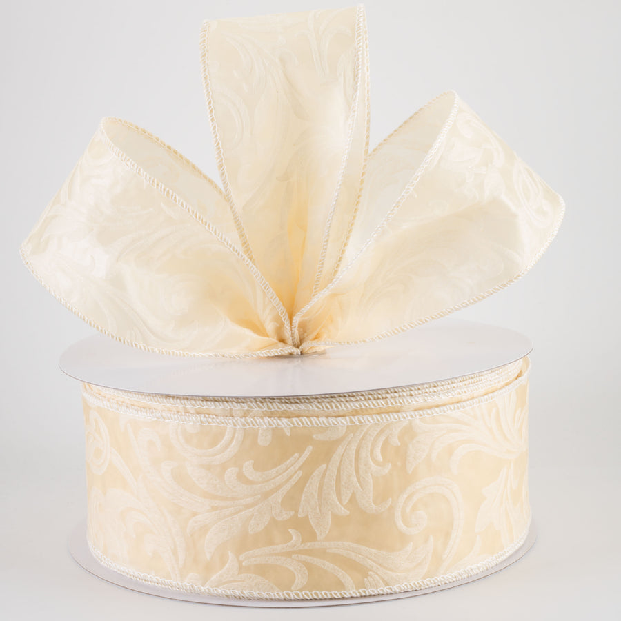 2.5" Embossed Leaf Filagree Breeze Ribbon: Ivory Cream (50 Yards)