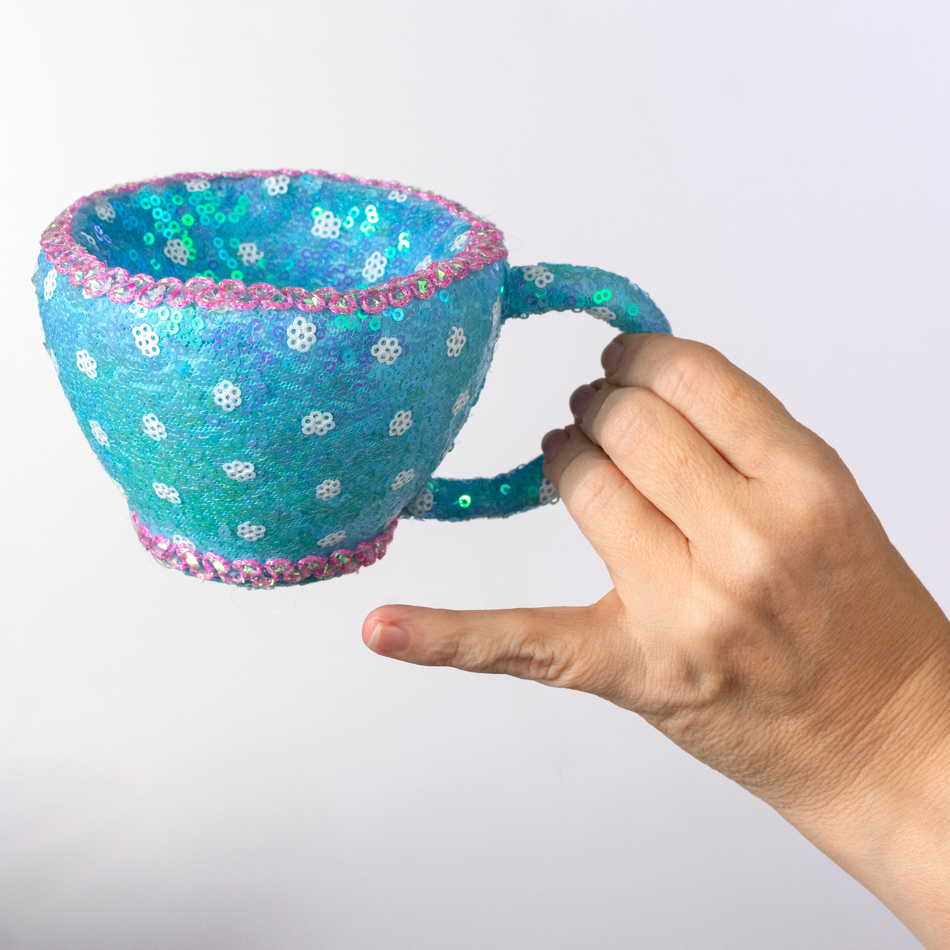 6" Sequin Polkadot Tea Cup: Iridescent Blue