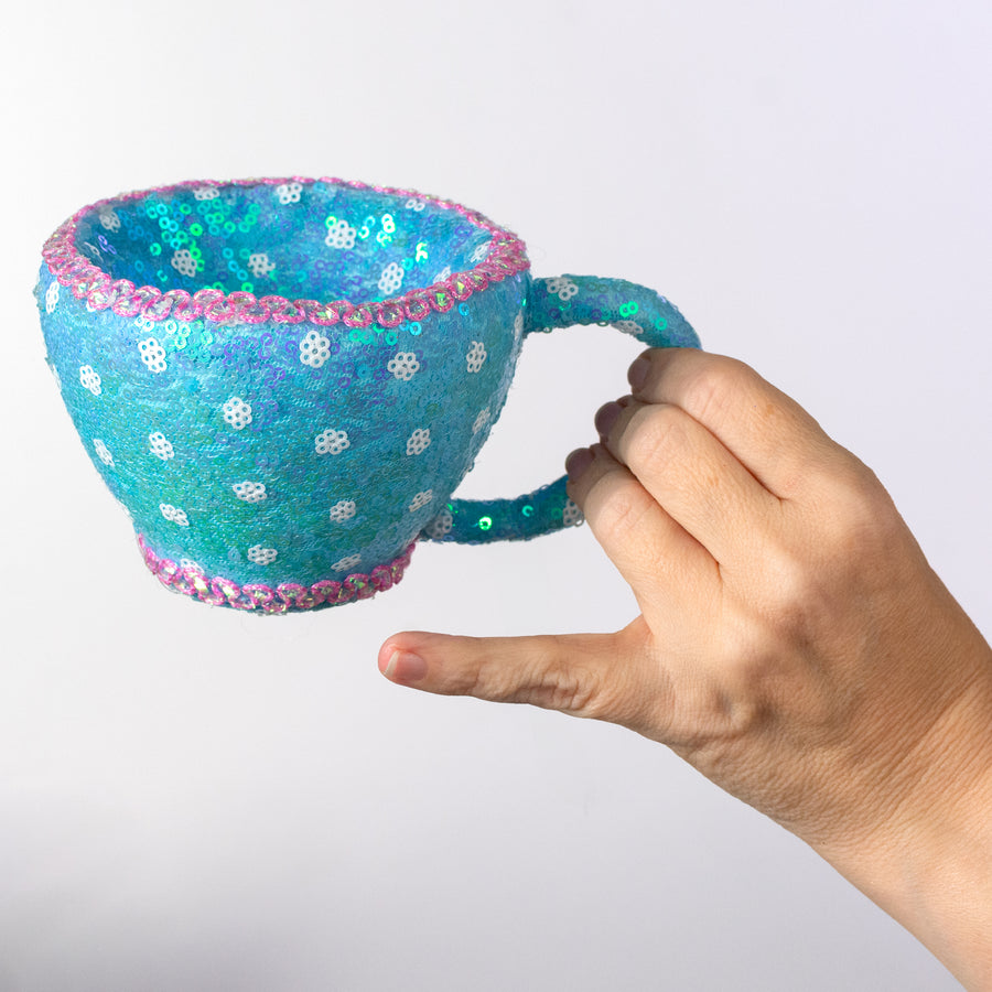 6" Sequin Polkadot Tea Cup: Iridescent Blue