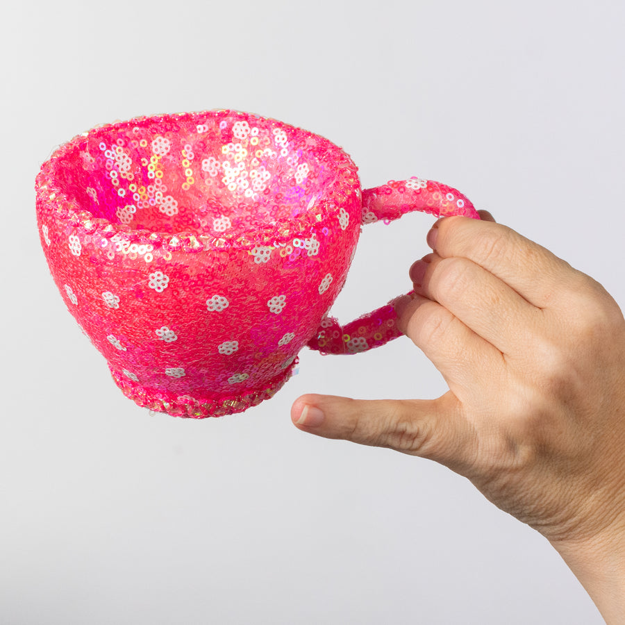 6" Sequin Polkadot Tea Cup: Iridescent Pink