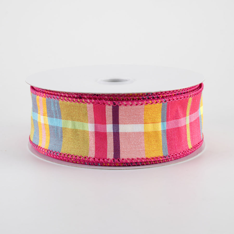 1.5" Faux Dupioni Plaid Ribbon: Fuchsia, Lime, Blue & Yellow (25 Yards)