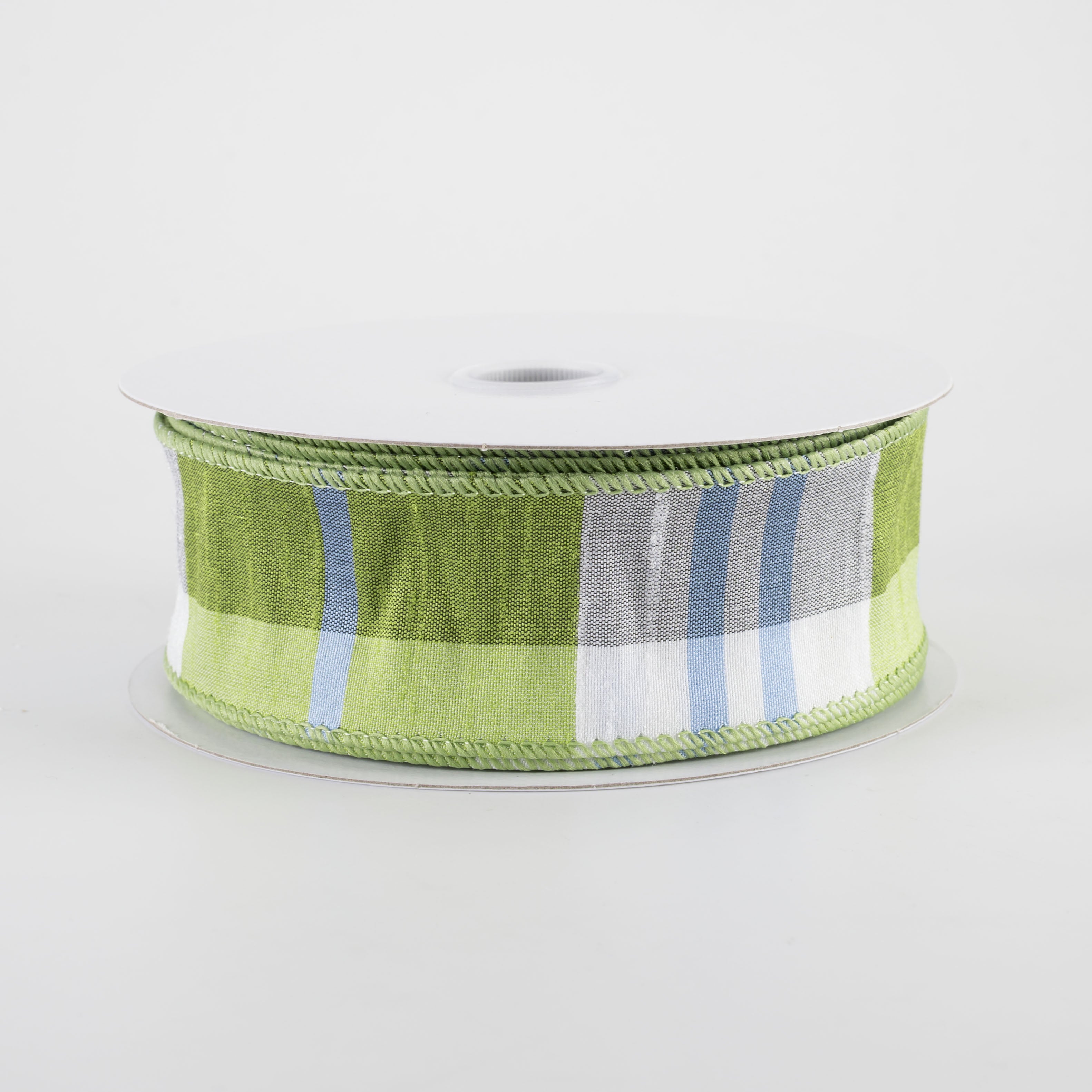 1.5" Faux Dupioni Plaid Ribbon: Kiwi Green, Iris Blue & White (25 Yards)