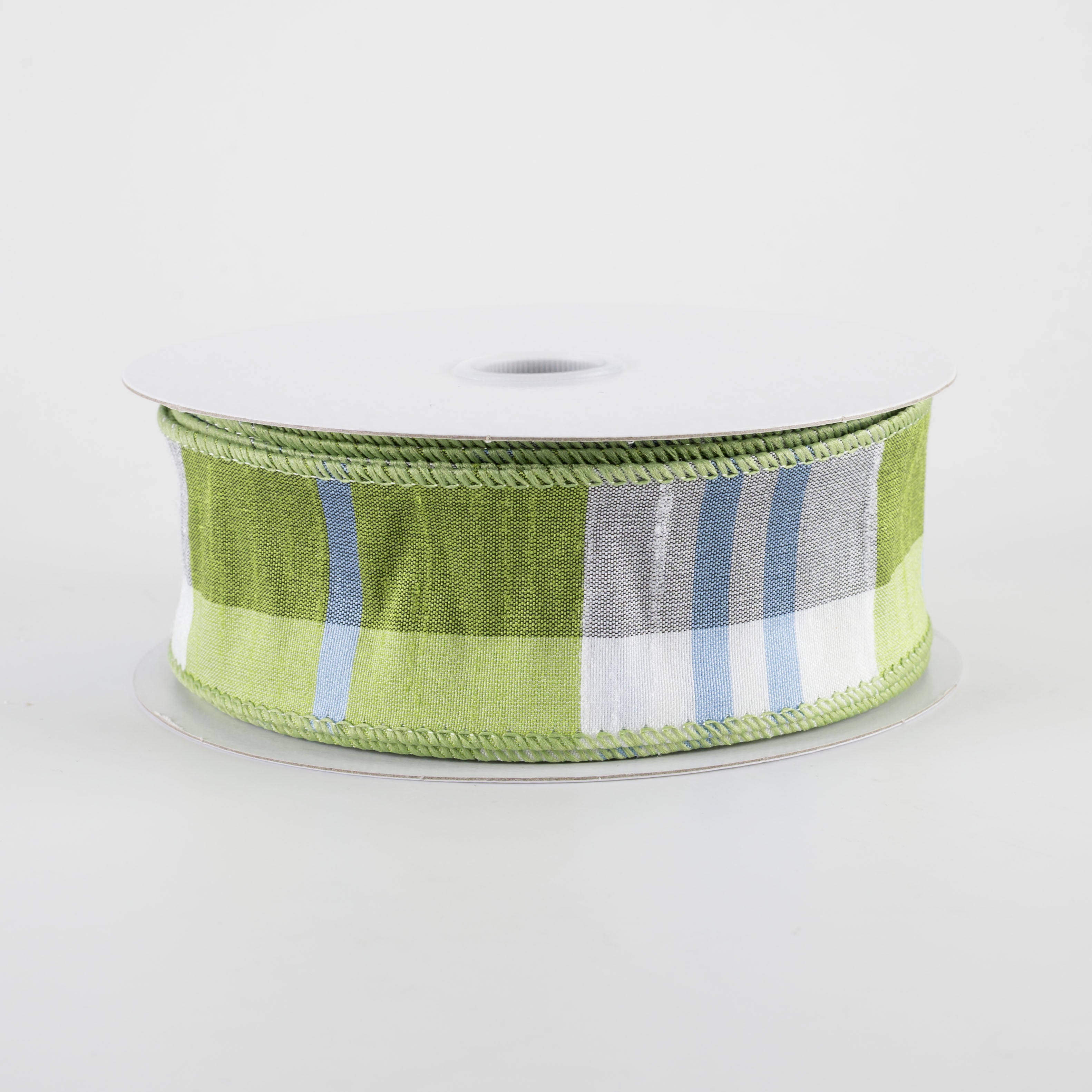 1.5" Faux Dupioni Plaid Ribbon: Kiwi Green, Iris Blue & White (10 Yards)