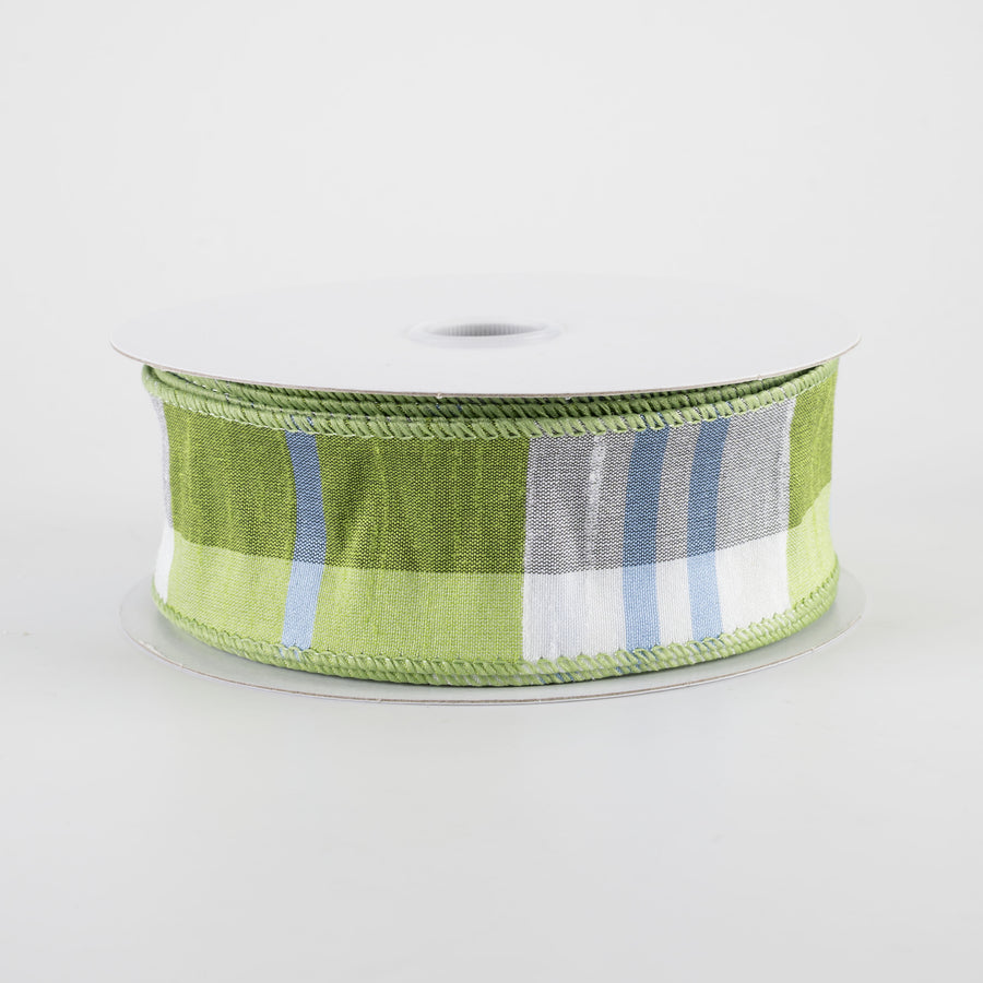 1.5" Faux Dupioni Plaid Ribbon: Kiwi Green, Iris Blue & White (10 Yards)