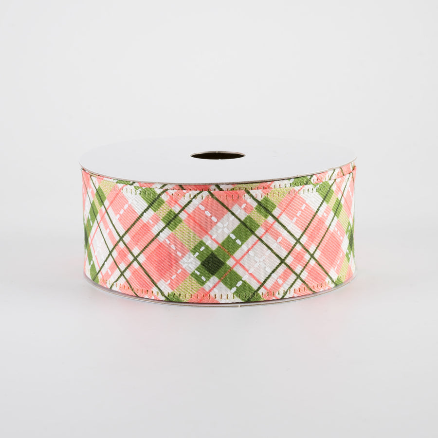 1.5" Cream Linen Argyle Plaid Ribbon: Coral, Moss Green & White (10 Yards)