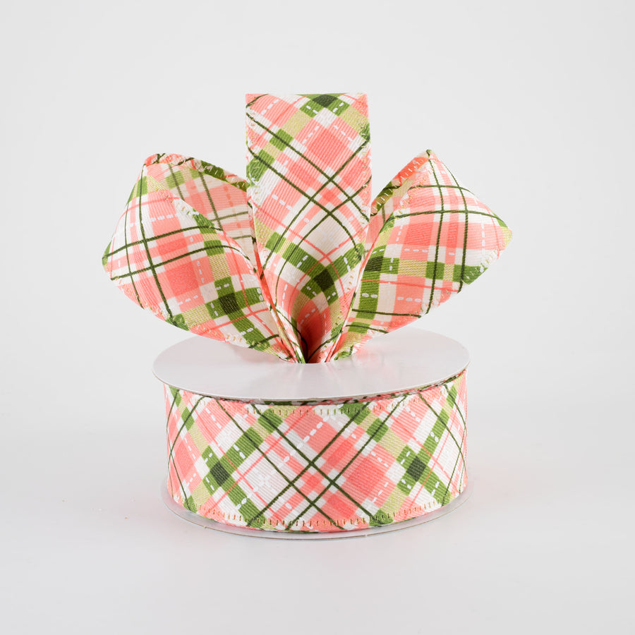 1.5" Cream Linen Argyle Plaid Ribbon: Coral, Moss Green & White (10 Yards)