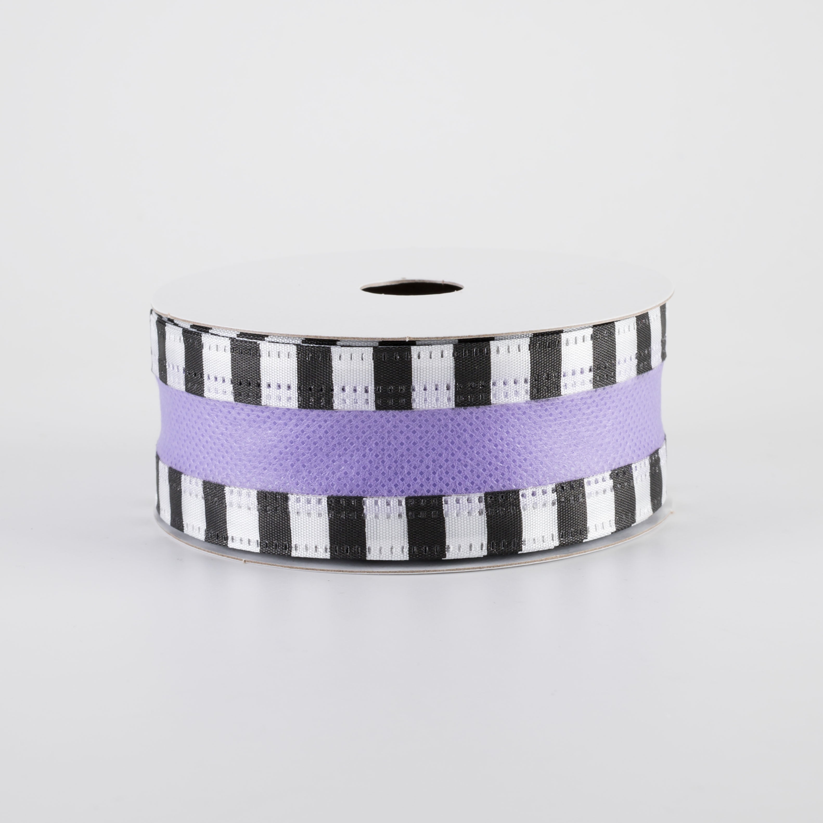 1.5" Striped Edge Breeze Ribbon: Lavender Purple, Black & White (10 Yards)