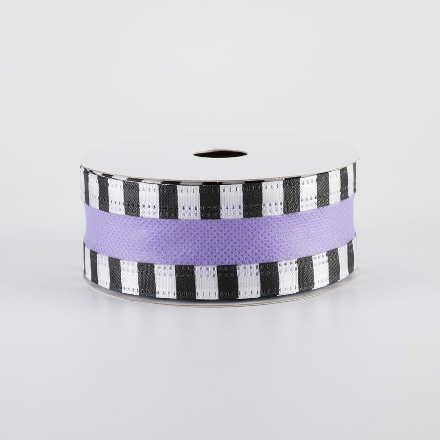 1.5" Striped Edge Breeze Ribbon: Lavender Purple, Black & White (10 Yards)