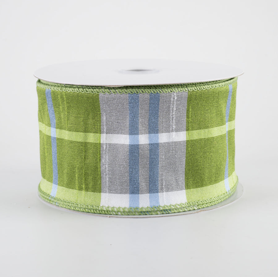 2.5" Faux Dupioni Plaid Ribbon: Kiwi Green, Iris Blue & White (25 Yards)