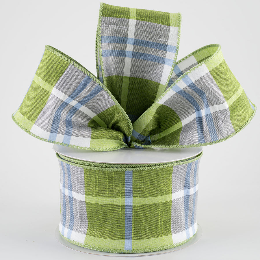 2.5" Faux Dupioni Plaid Ribbon: Kiwi Green, Iris Blue & White (25 Yards)