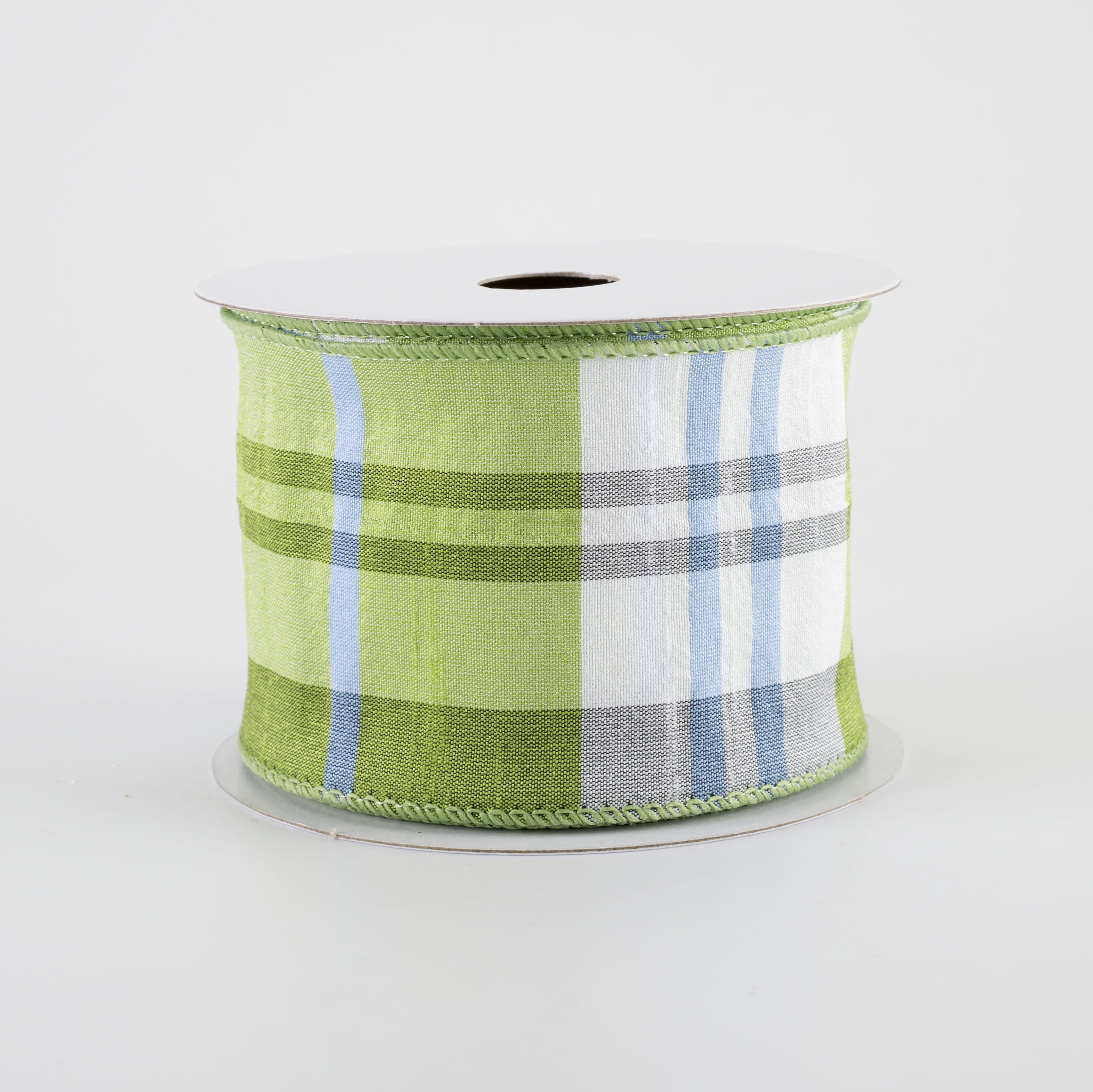 2.5" Faux Dupioni Plaid Ribbon: Kiwi Green, Iris Blue & White (10 Yards)