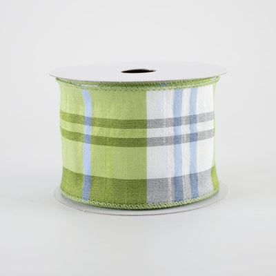 2.5" Faux Dupioni Plaid Ribbon: Kiwi Green, Iris Blue & White (10 Yards)