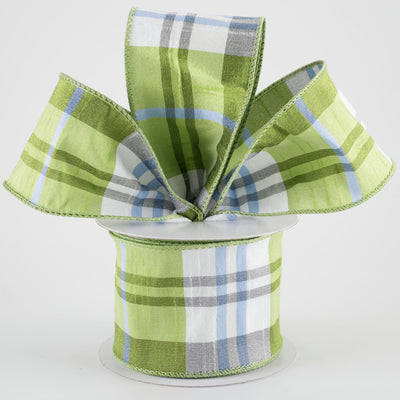 2.5" Faux Dupioni Plaid Ribbon: Kiwi Green, Iris Blue & White (10 Yards)