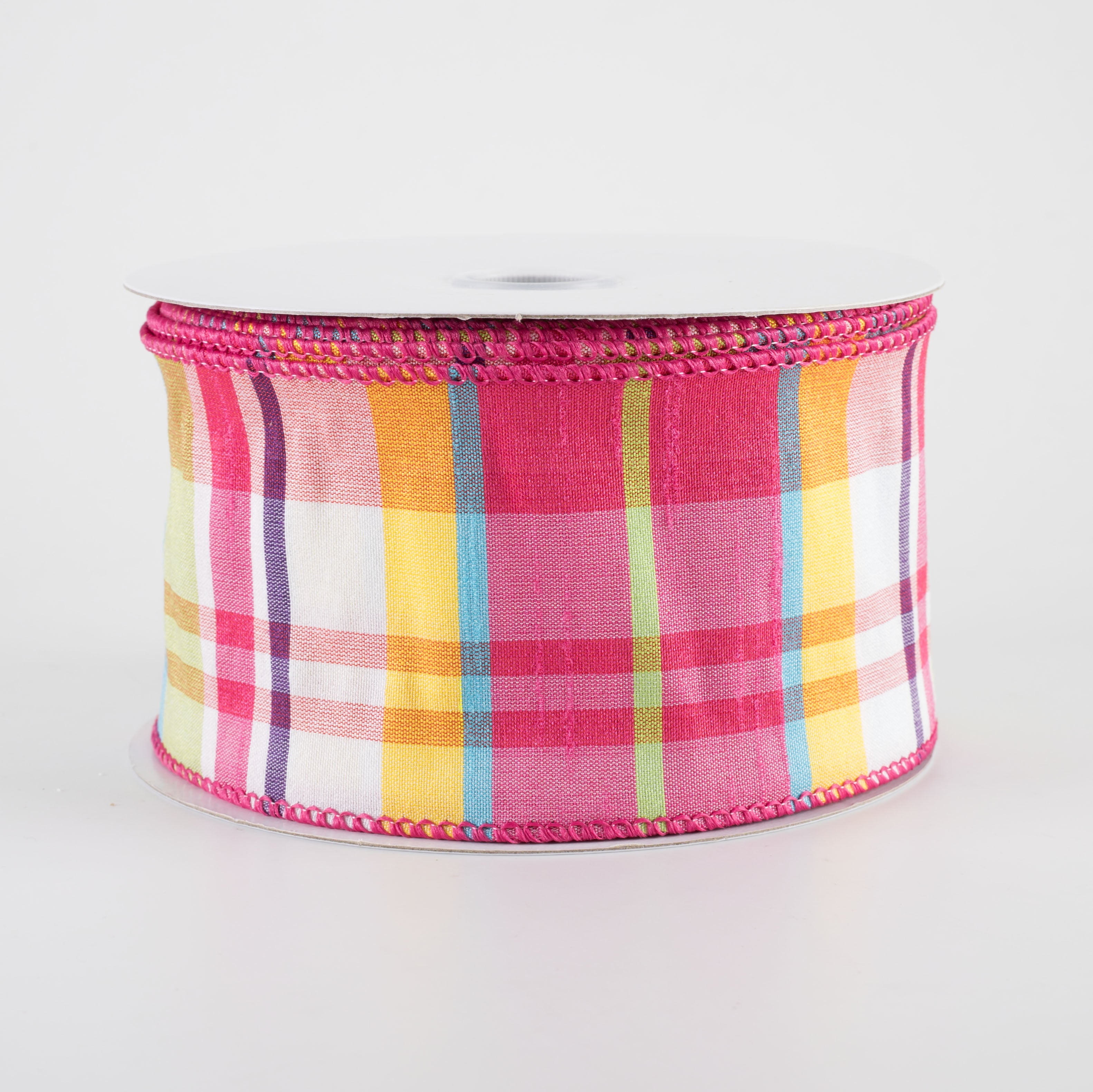 2.5" Faux Dupioni Plaid Ribbon: Fuchsia, Lime, Blue & Yellow (25 Yards)