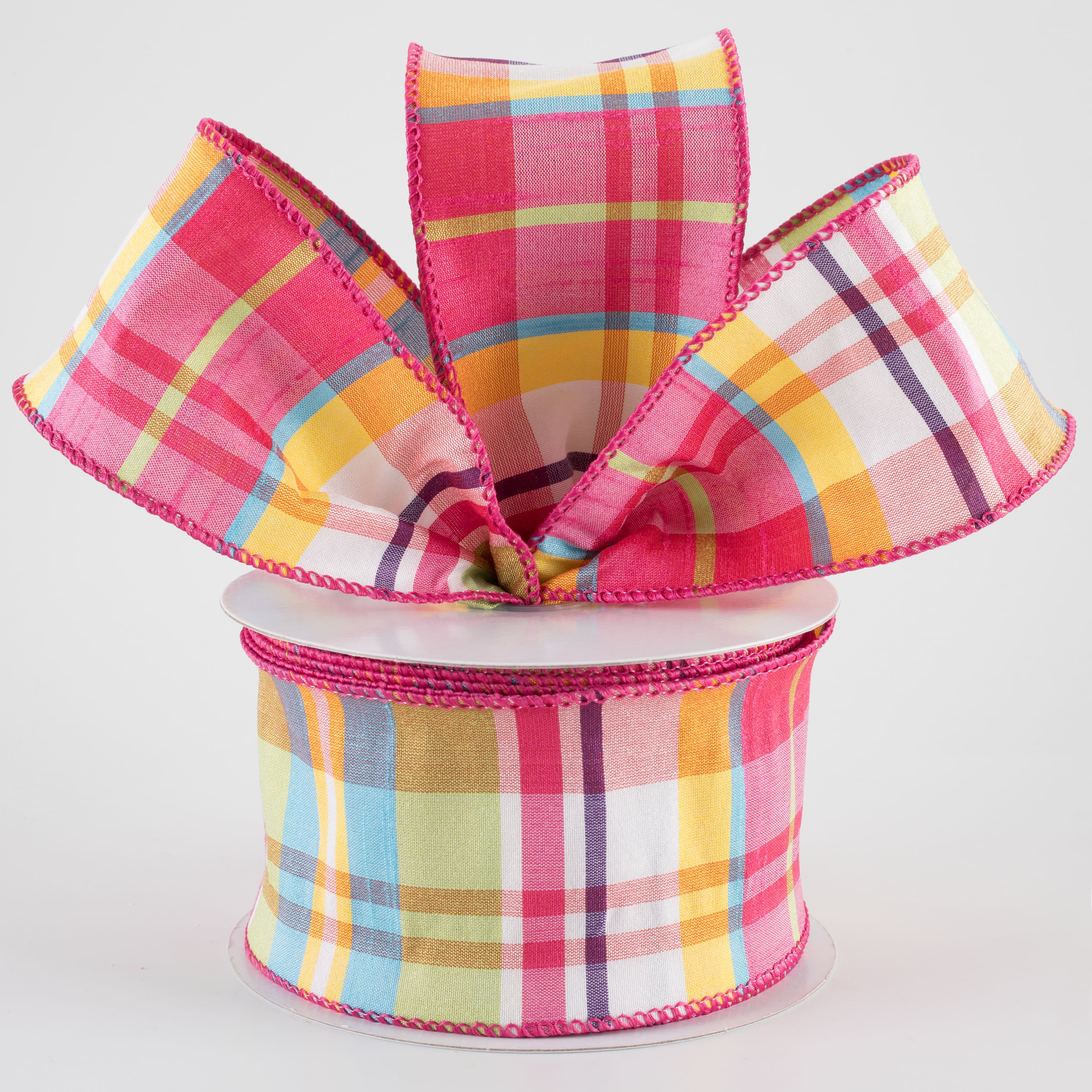 2.5" Faux Dupioni Plaid Ribbon: Fuchsia, Lime, Blue & Yellow (25 Yards)