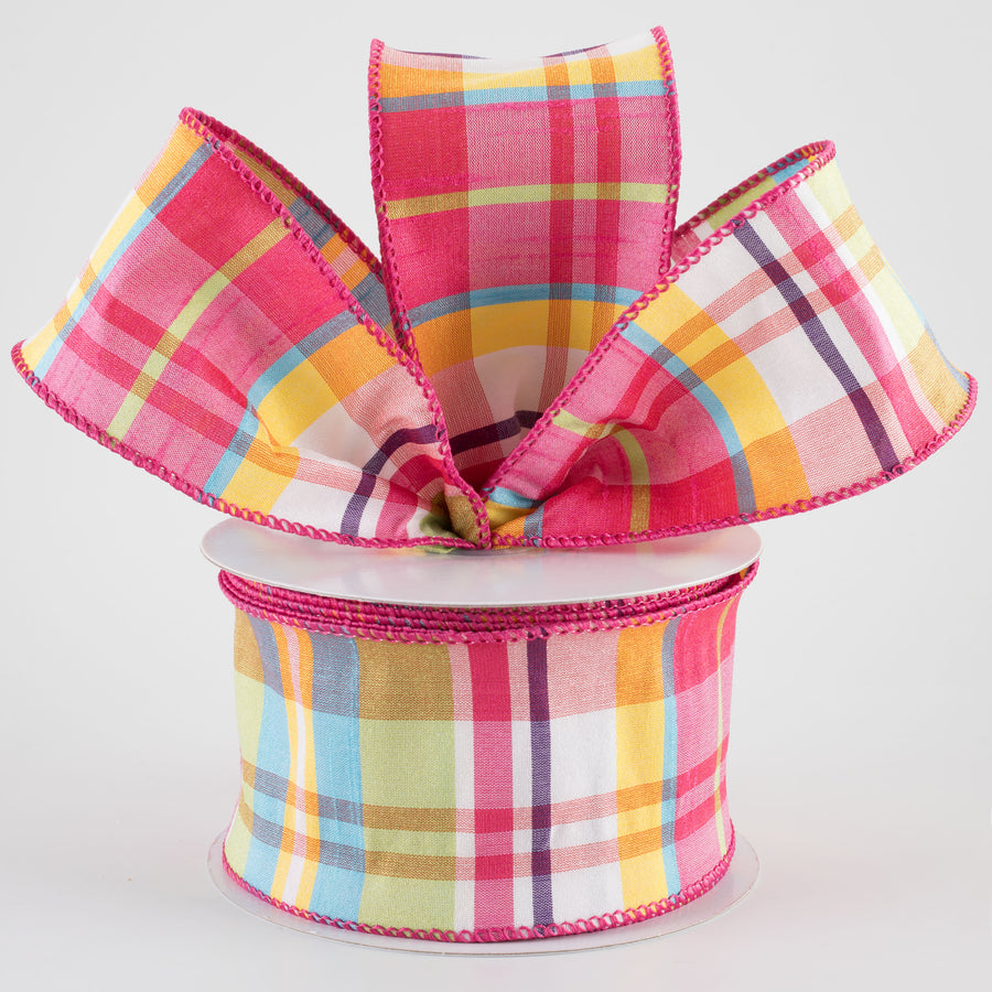 2.5" Faux Dupioni Plaid Ribbon: Fuchsia, Lime, Blue & Yellow (25 Yards)