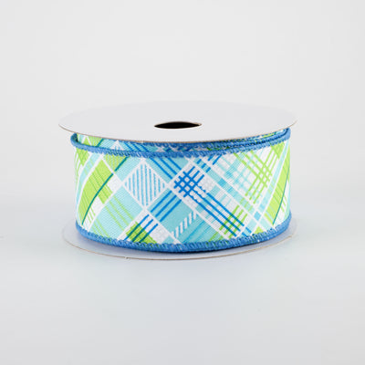1.5" Printed Cabot Diagonal Plaid Ribbon: Aqua, Lime, Turquoise & White (10 Yards)