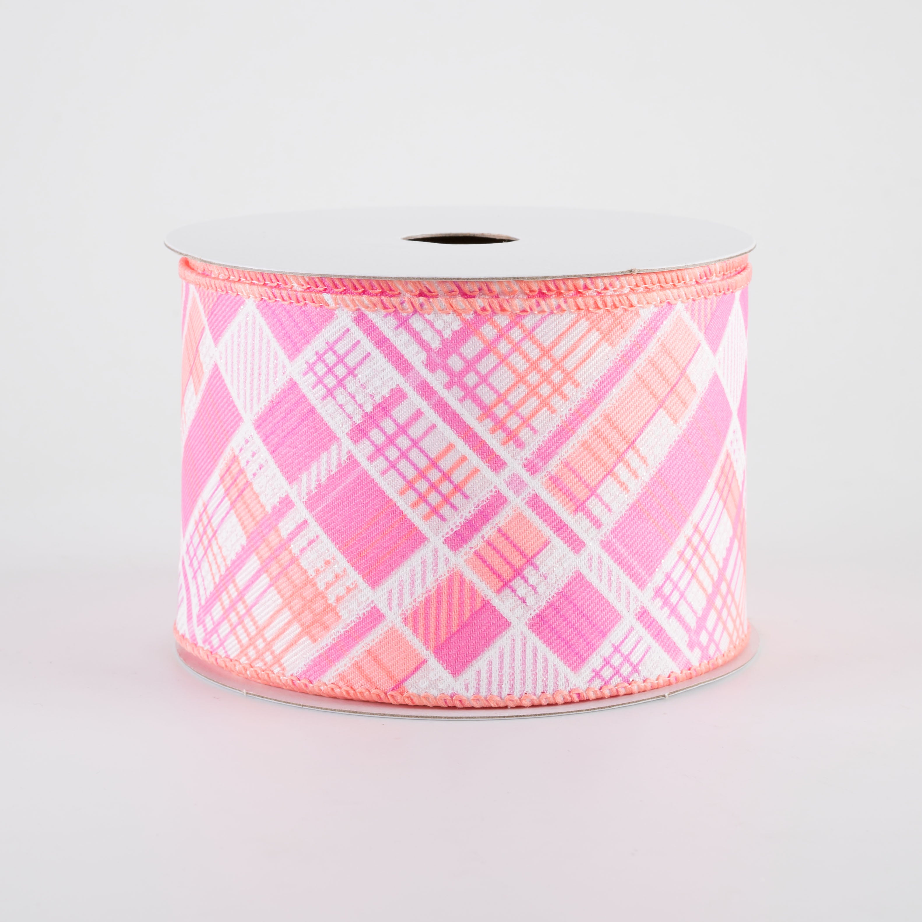 2.5" Printed Cabot Diagonal Plaid Ribbon: Peach, Orange, Pink & White (10 Yards)