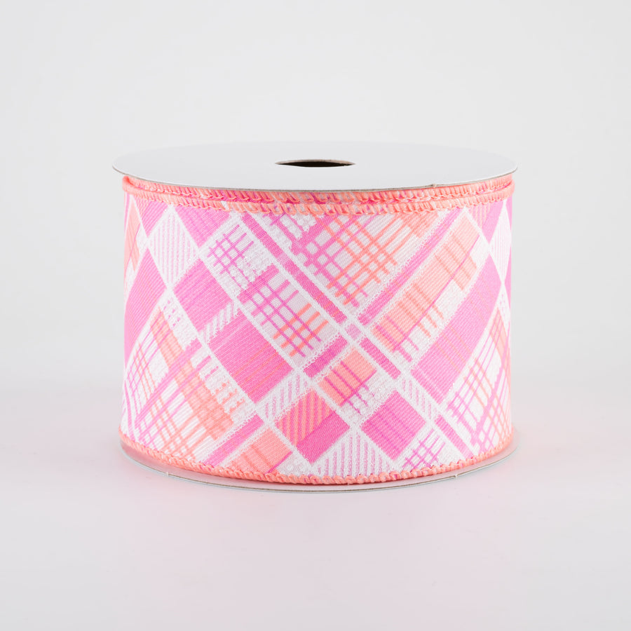2.5" Printed Cabot Diagonal Plaid Ribbon: Peach, Orange, Pink & White (10 Yards)