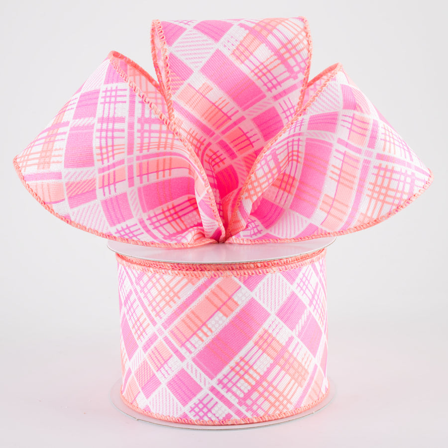2.5" Printed Cabot Diagonal Plaid Ribbon: Peach, Orange, Pink & White (10 Yards)