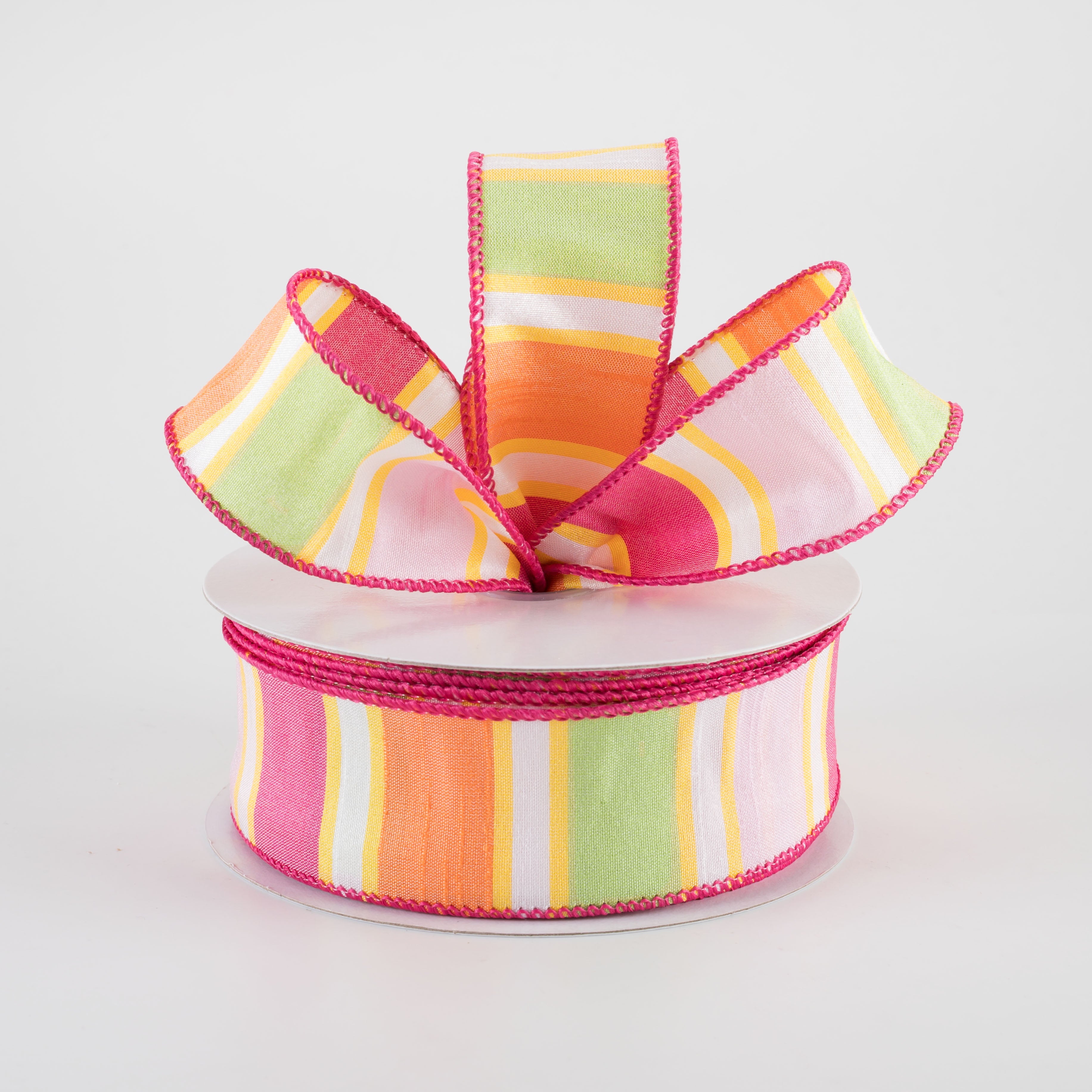 1.5" Faux Dupioni Stripes Ribbon: Fuchsia, Pink, Yellow & Orange (25 Yards)