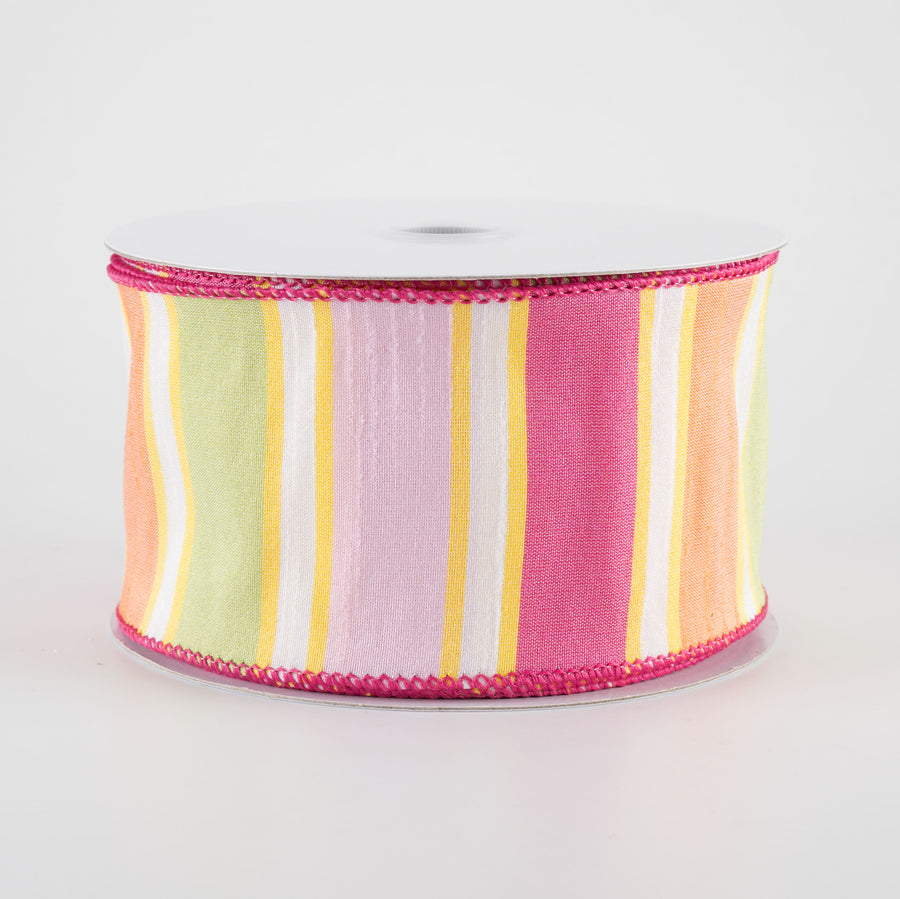 2.5" Faux Dupioni Stripes Ribbon: Fuchsia, Pink, Yellow & Orange (25 Yards)