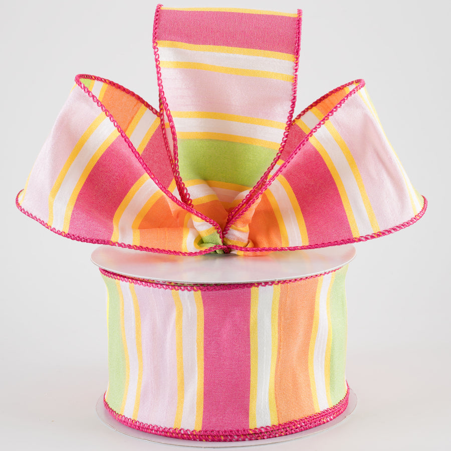 2.5" Faux Dupioni Stripes Ribbon: Fuchsia, Pink, Yellow & Orange (25 Yards)