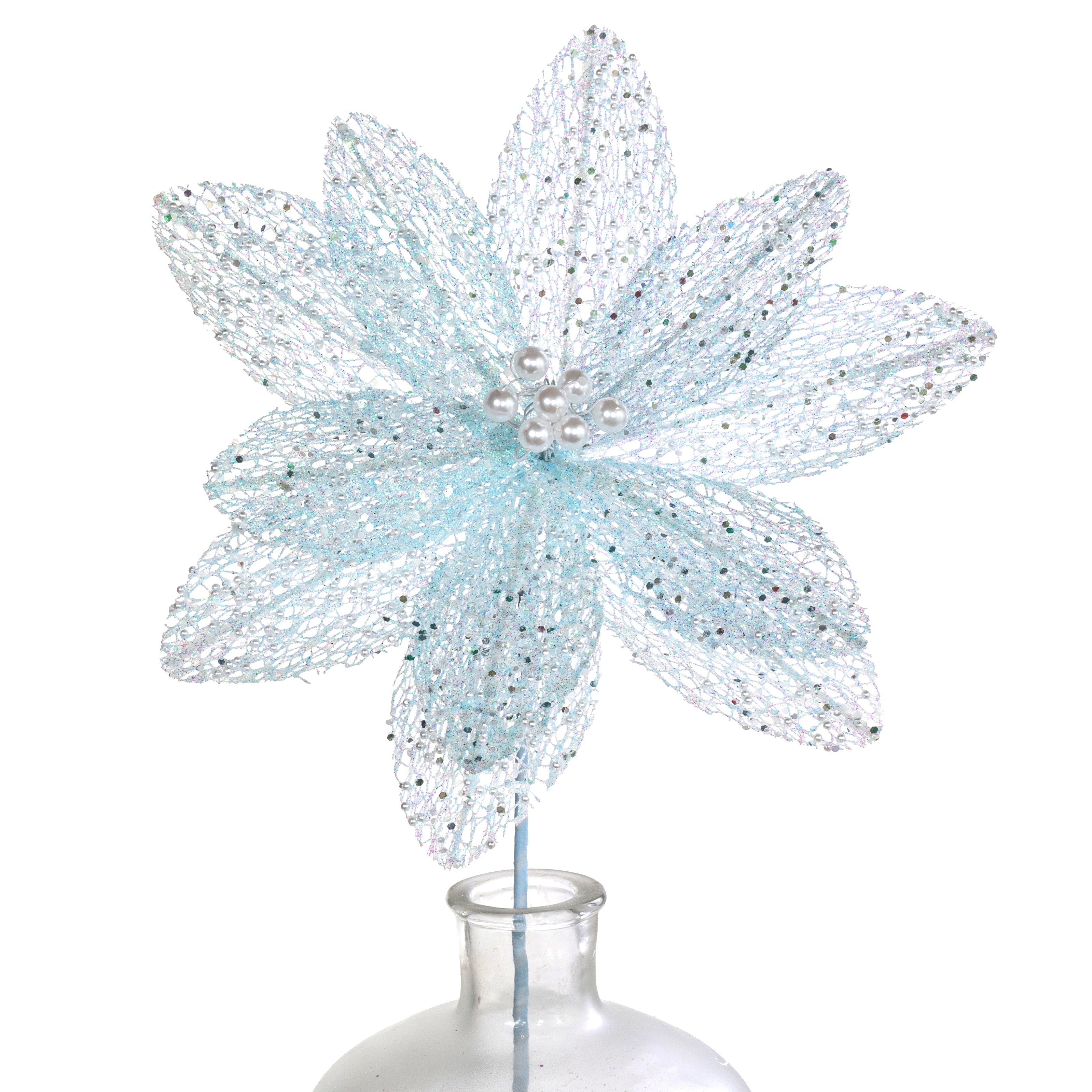 22" Glitter & Pearl Filagree Flower Stem: Soft Iridescent Blue