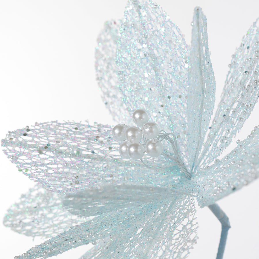 22" Glitter & Pearl Filagree Flower Stem: Soft Iridescent Blue